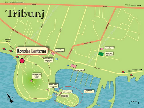 Übersichtsplan von Tribunj mit Lage der Konoba Lanterna und wichtigen Plätzen. Plan of Tribunj with Konoba Lanterna and other important places.